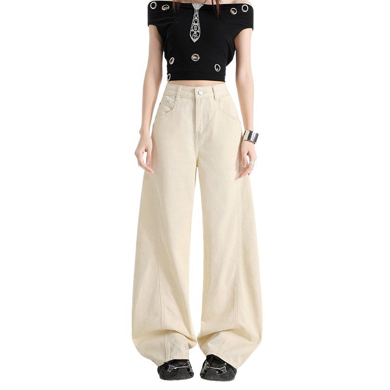 Beige Washed Wide-Leg Denim Pants | High Waist