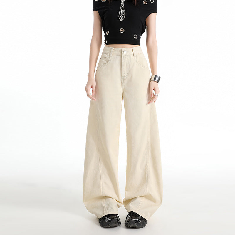 Beige Washed Wide-Leg Denim Pants | High Waist
